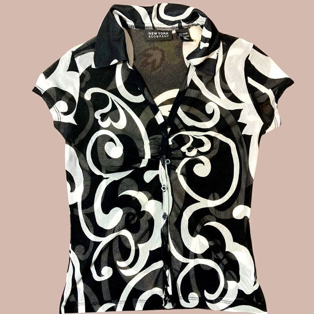 Retro Vibe Sheer Button Up Black and White Top